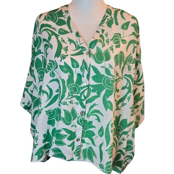 CHRISTIAN SIRIANO Women's Floral Print Linen Blend Top Size Sz: S White/Green - Picture 1 of 7